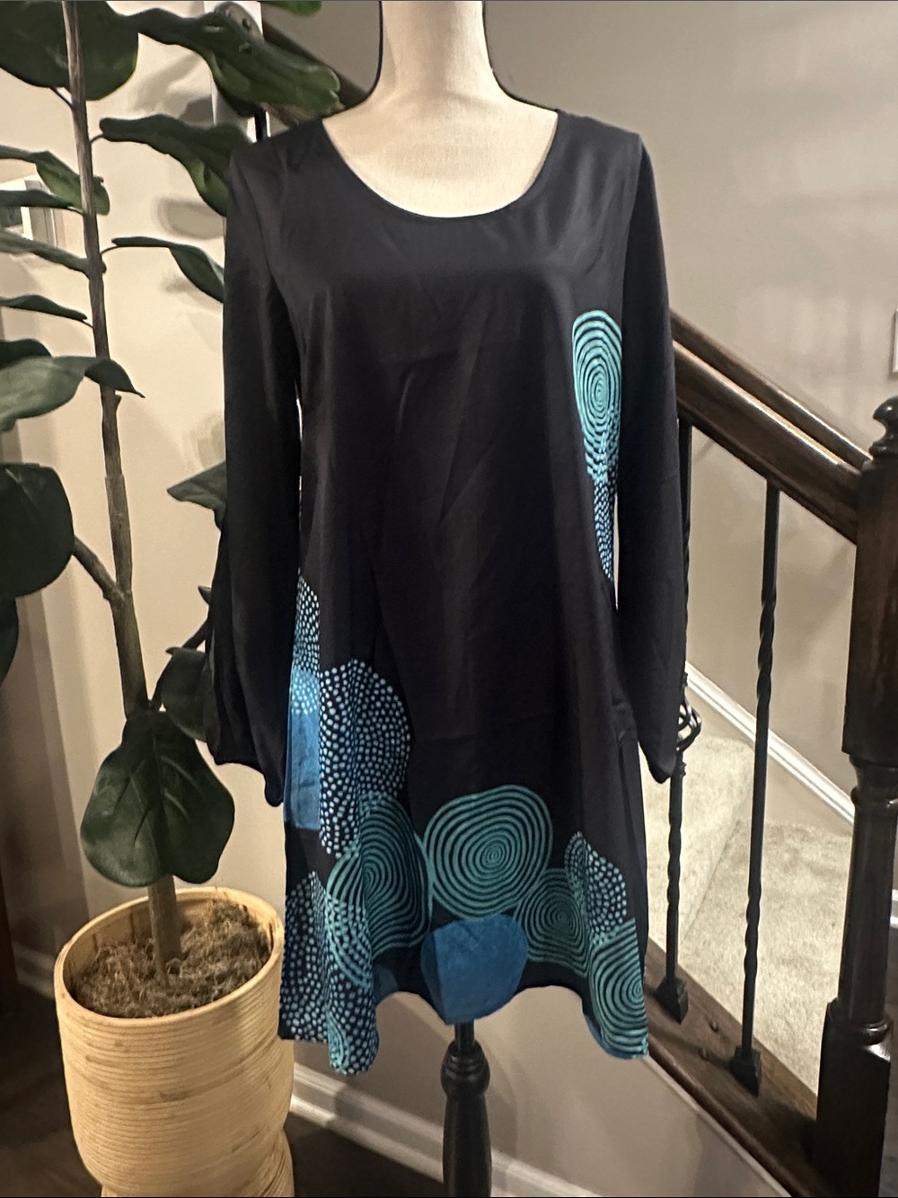 Black Long-Sleeve Swing Tunic with Teal Spiral Print